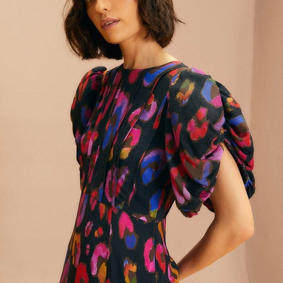 Farm Rio Iridescent Leopard Black Slit Midi Dress - Picture 4 of 13